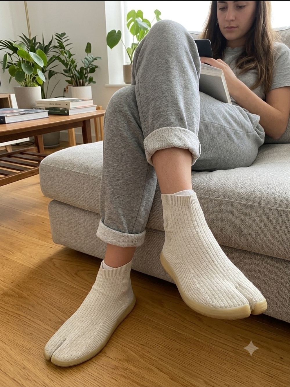 Women’s Athletic Split-Toe Sock Sneakers in Cream